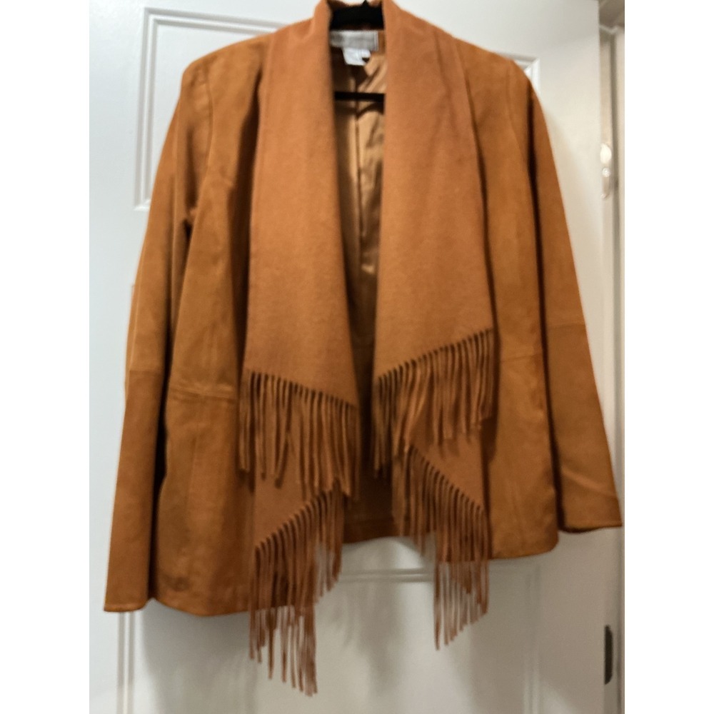 Worth New York Genuine Suede Leather Cashmere Fringe Jacket Cognac Brown Sz 12